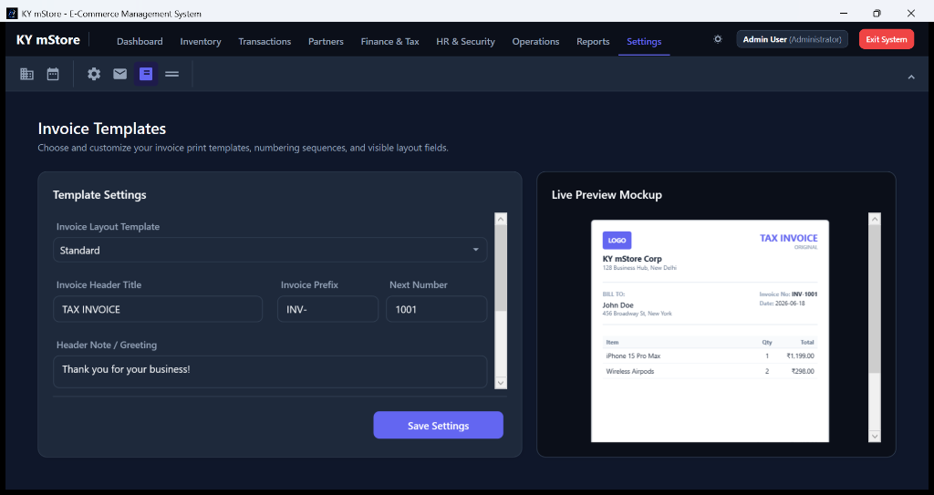 Invoice Templates settings and preview
