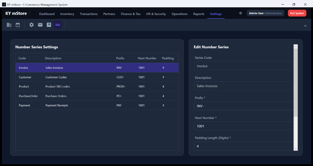 Number Series Settings Interface